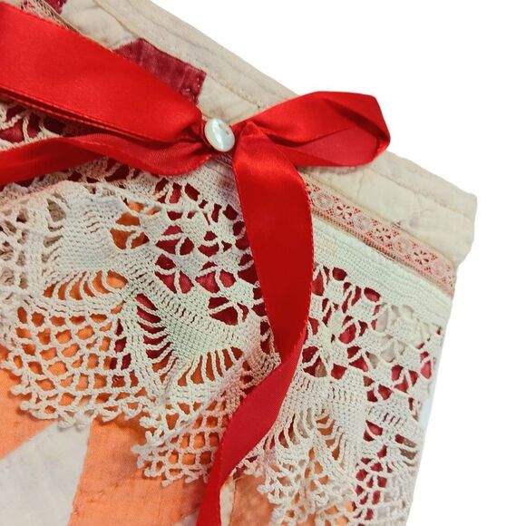 Christmas Stocking Set Vintage Quilt and Lace Two Red Cream Cottage Farmhouse - Picture 8 of 16